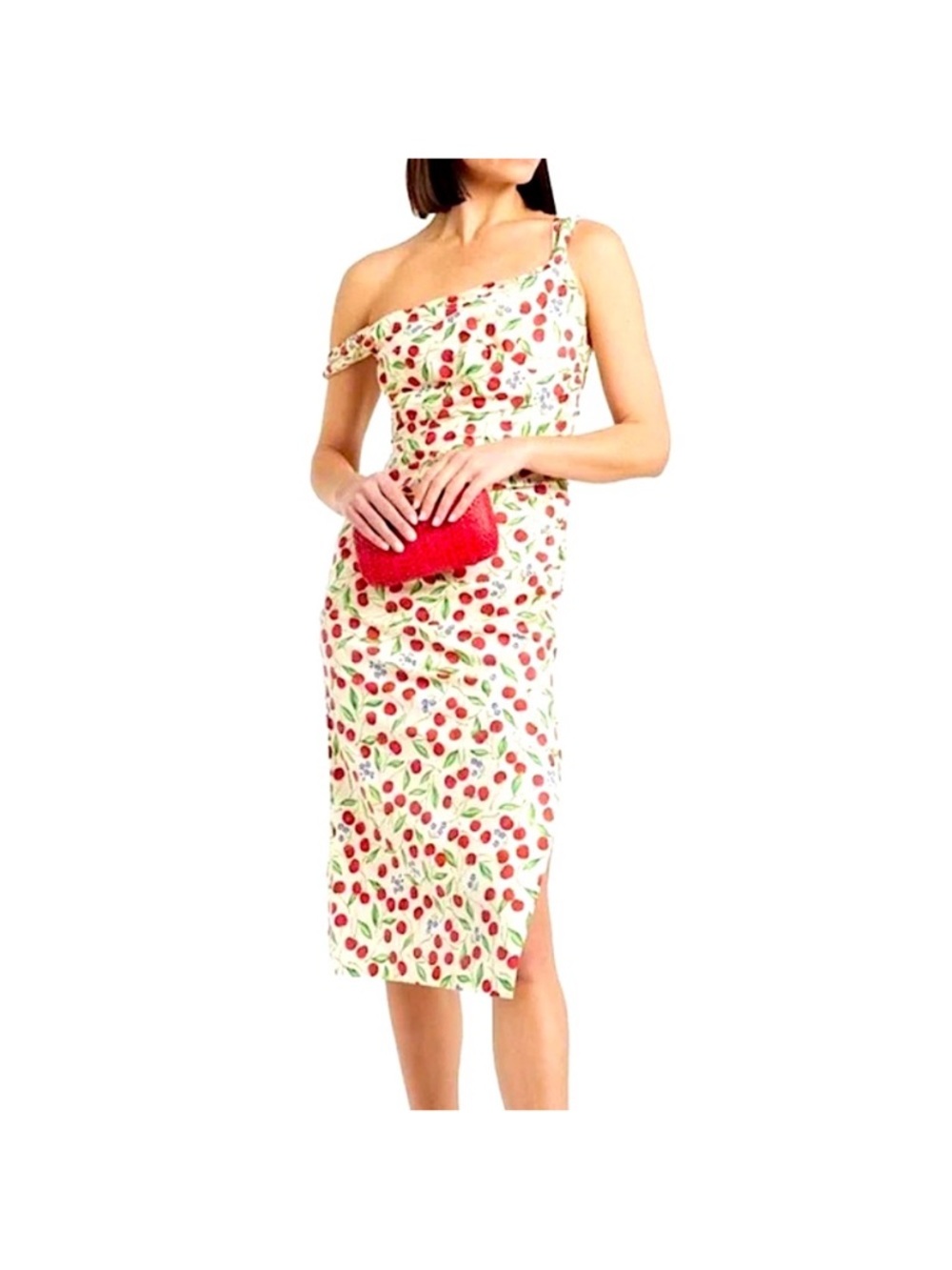 Carolina Herrera One-Shoulder Cherry-Print Midi Dress in Cream and Red